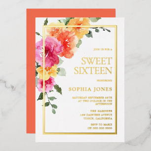 Lebendige, farbenfrohe Blüte Sweet 16 Party Folieneinladung
