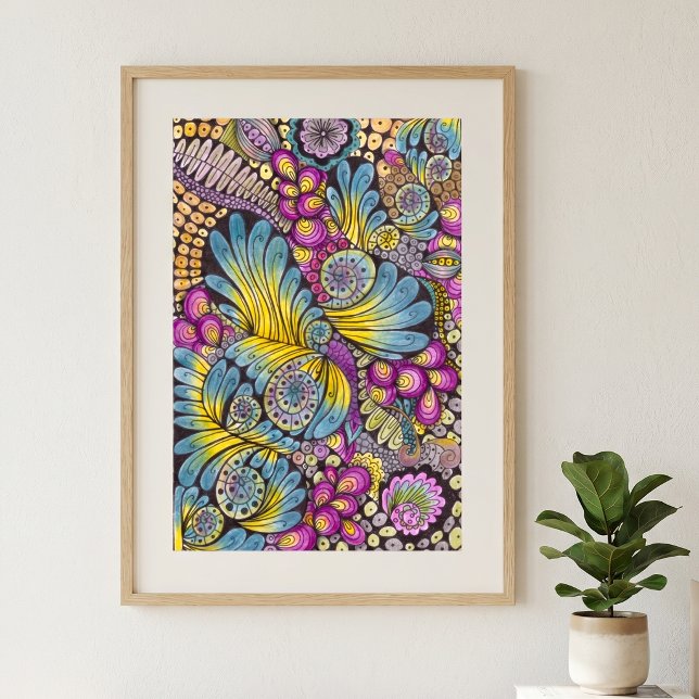 Lebendige farbenfrohe Boho-Blumen-Feder-Doodle-Kun Poster (Von Creator hochgeladen)
