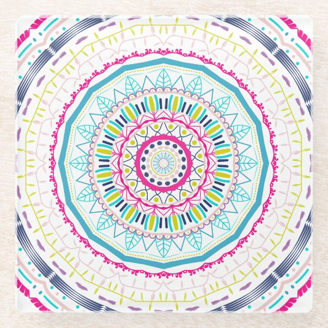 Lebendige farbenfrohe Mandala-Kunst Glasuntersetzer (Vorderseite)