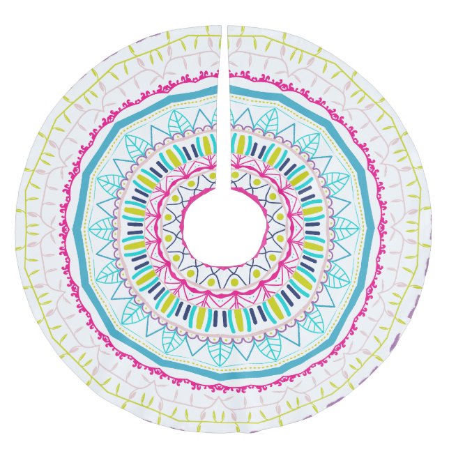 Lebendige farbenfrohe Mandala-Kunst Polyester Weihnachtsbaumdecke (Vorderseite)