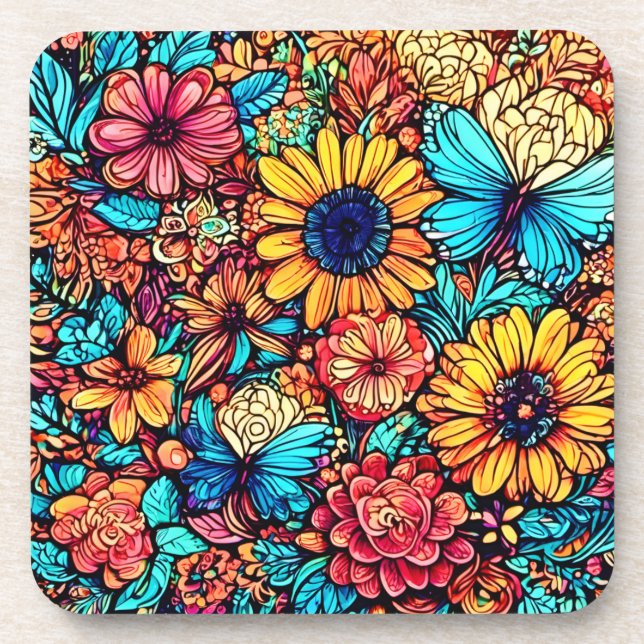 Lebendige Florale Doodle-Explosion Getränkeuntersetzer (Vorderseite)