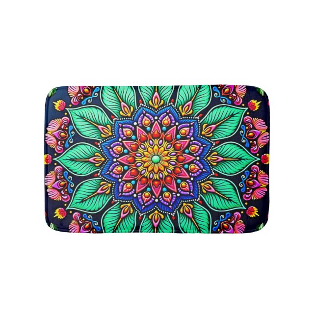 Lebendige florale Mandala-Kunst Badematte (Vorderseite)