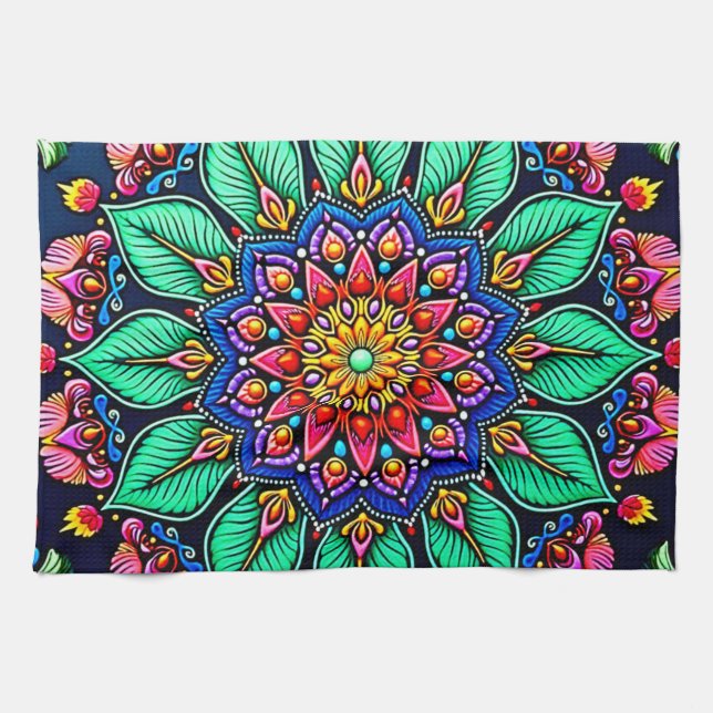 Lebendige florale Mandala-Kunst Geschirrtuch (Horizontal)