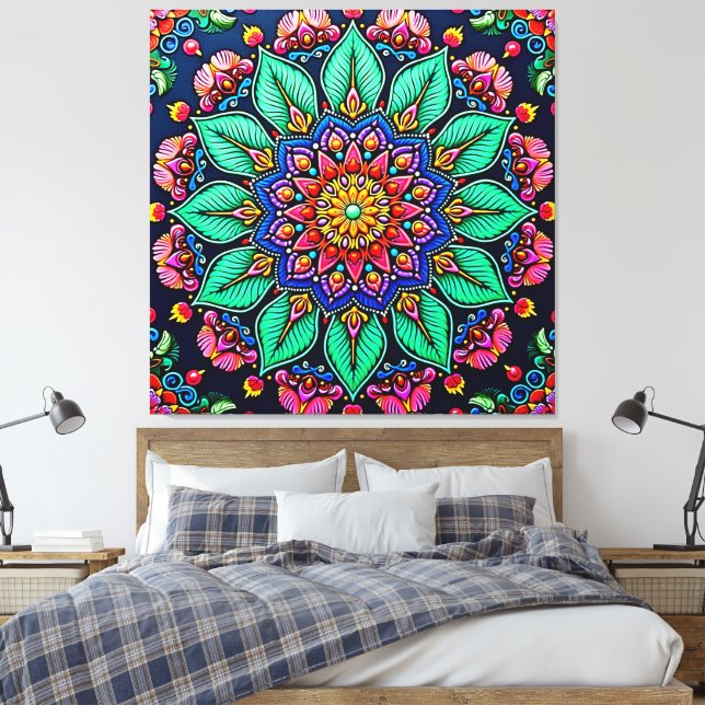 Lebendige florale Mandala-Kunst Leinwanddruck (Insitu (Schlafzimmer))