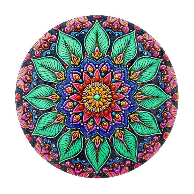 Lebendige florale Mandala-Kunst Schneidebrett (Vorderseite)