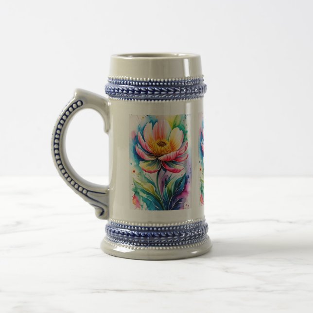 Lebendige Florale Wasserfarbe Keramik Bierstein Bierglas (Links)