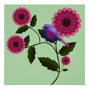 Lebendige Frühlingsblumen mit süßer lila Vogelkuns Poster