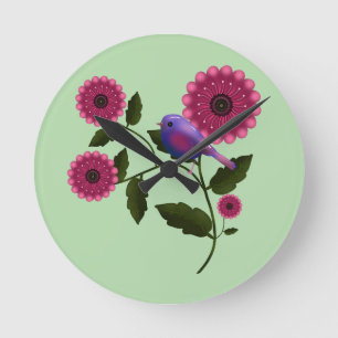 Lebendige Frühlingsblumen mit süßer lila Vogelkuns Runde Wanduhr