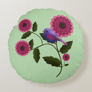 Lebendige Frühlingsblumen mit süßer lila Vogelkuns Rundes Kissen