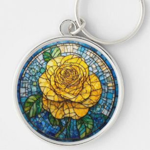 Lebendige gelbe Rosen-Kreis-Buntglas-Kunst Schlüsselanhänger