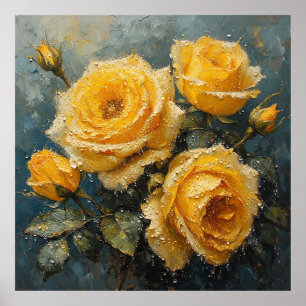 Lebendige gelbe Rosen mit Tau-Ölgemälde Poster