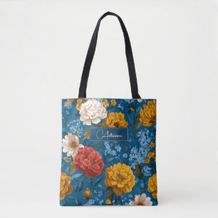 Lebendige gelbe und cremefarbene Farbe auf blauer Tasche
