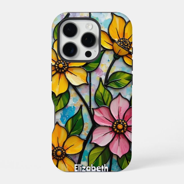 Lebendige Glasmalerei-Blumenpaneele iPhone 16 Pro Hülle (Rückseite)