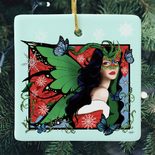 Lebendige grüne Fantasy-Maskenball-Fee Weihnachten Keramikornament
