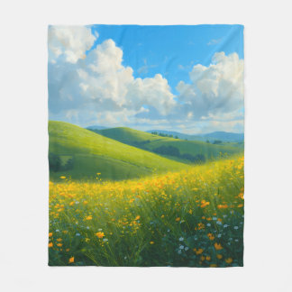 Lebendige grüne Hügel und gelbe Blumen Landschaft Fleecedecke