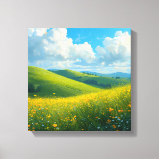Lebendige grüne Hügel und gelbe Blumen Landschaft Leinwanddruck