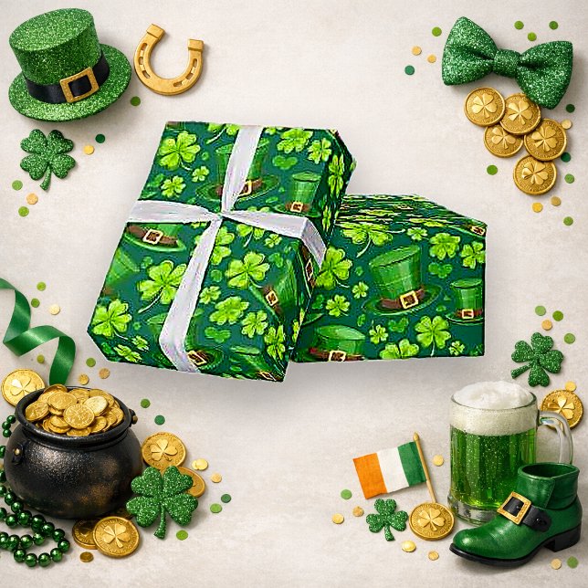Lebendige grüne Shamrock-Leprechaun-Musterkunst Geschenkpapier (Von Creator hochgeladen)