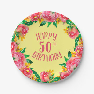 Lebendige, heiße Rosa und gelbe Wasserfarbe Pappteller