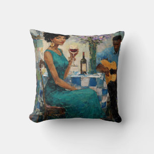 Lebendige Jazz-Frau Teal-Bistro-Kunst Kissen