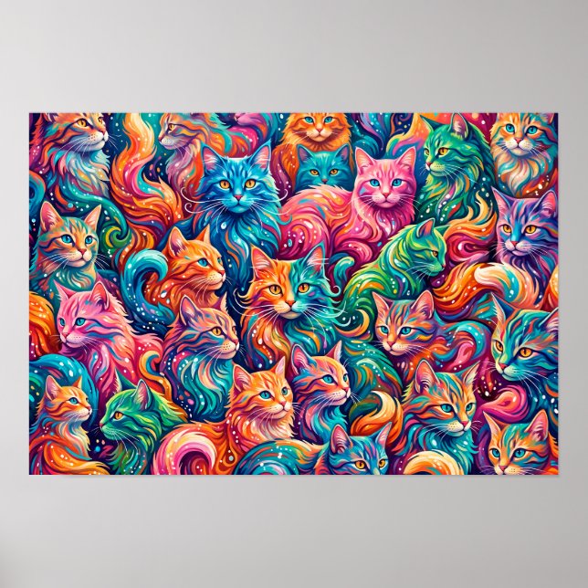 Lebendige Katzen-Traumwelt – Psychedelischer Boho- Poster (Vorne)