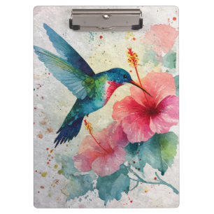 Lebendige Kolibri-Rosa-Blumen-Aquarell-Clipboa Klemmbrett