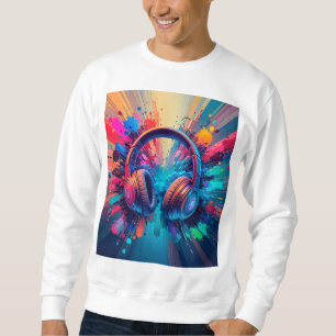 Lebendige Kopfhörer gegen einen Spritzer farbenfro Sweatshirt