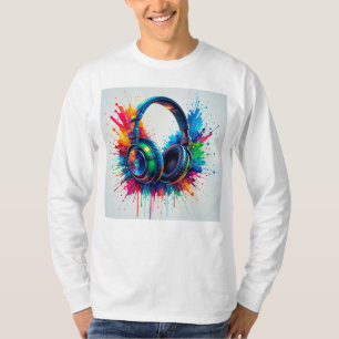 Lebendige Kopfhörer gegen einen Spritzer farbenfro T-Shirt