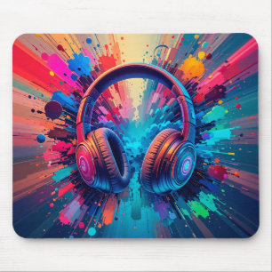 Lebendige Kopfhörer gegen Spritzer von farbenfrohe Mousepad