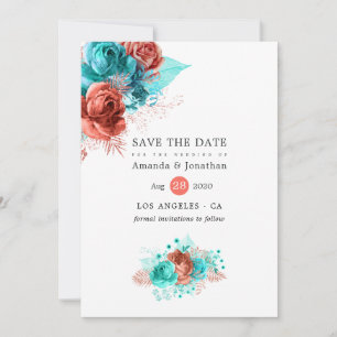 Lebendige Korallen- und Türkis-Blumen-Hochzeit Save The Date