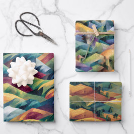 Lebendige kubistische Hügel | Gemalte Texturlandsc Geschenkpapier Set
