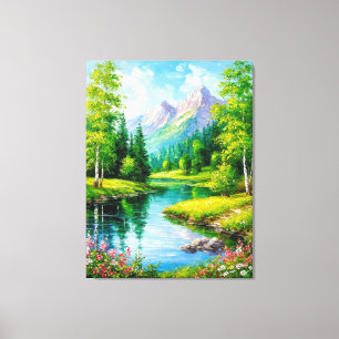 Lebendige Landschaft mit Bergen, Flussszenerie Leinwanddruck