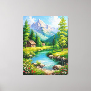 Lebendige Landschaft mit Bergen, Flussszenerie Leinwanddruck