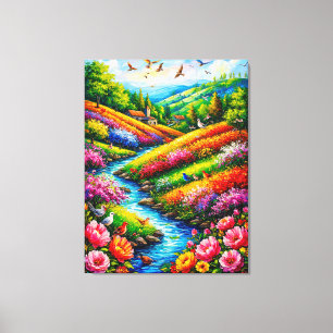 Lebendige Landschaft mit blühenden Blumen Leinwanddruck