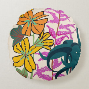Lebendige Magenta- und Orange-Art-Deco-Blumenkunst Rundes Kissen