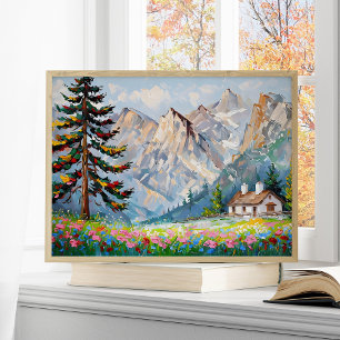 Lebendige Malerei Berg Wildblume Hütten Kunst Poster