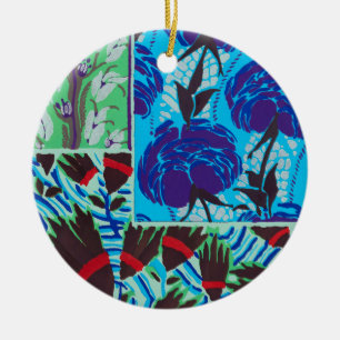 Lebendige maximalistische blaue und grüne Blumenku Keramik Ornament