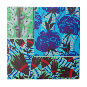 Lebendige Maximalistische Blaue und Grüne Florale  Fliese