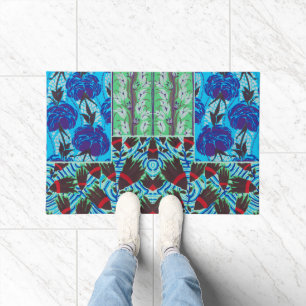 Lebendige Maximalistische Blaue und Grüne Florale  Fußmatte