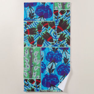 Lebendige Maximalistische Blaue und Grüne Florale  Strandtuch