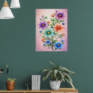 Lebendige mehrfarbige Blumenspray-Illustration Poster