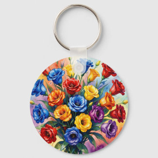 Lebendige mehrfarbige Rosen Lisianthus Aquarell Schlüsselanhänger