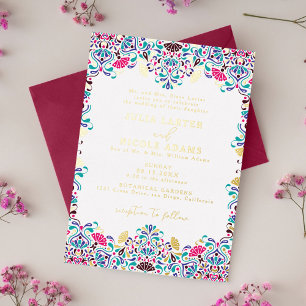 Lebendige mexikanische Fiesta-Regenbogen-Hochzeit Folieneinladung