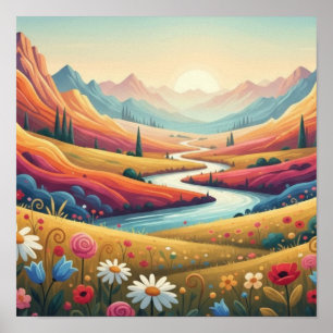 Lebendige moderne Berglandschaft mit Sonnenunterga Poster