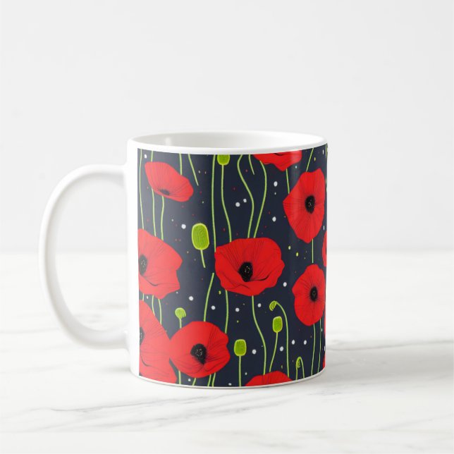 Lebendige moderne rote Mohnblumen-Musterkunst Kaffeetasse (Links)