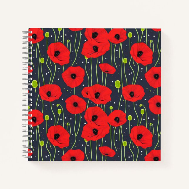 Lebendige moderne rote Mohnblumen-Musterkunst Notizbuch (Vorderseite)