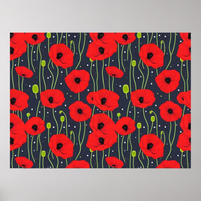 Lebendige moderne rote Mohnblumen-Musterkunst Poster (Vorne)