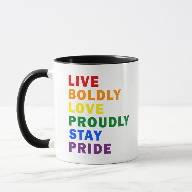 Lebendige, mutige Liebe Bleibe stolz Tasse (Links)