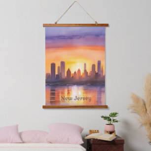 Lebendige New Jersey-Wasserfarben-Sonnenuntergangs Wandteppich Mit Holzrahmen