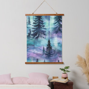 Lebendige Nordlichter Dunkle Kiefer Winterhimmel Wandteppich Mit Holzrahmen