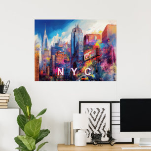 Lebendige NYC Farbige Skyline-Kunst Poster